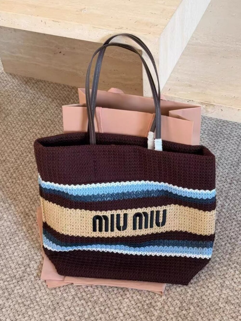 Miu‑Miu Large‑Size Striped Knit‑Weave Vacation Beach Shoulder Tote Bag